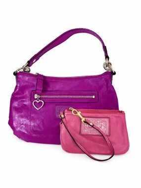 Coach Poppy Plum & Peach Patent Leather Bag & Wristlet SET